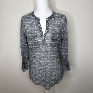 Anthropologie Holding Horses Blouse 2 Blue Henley Pockets Top Shirt‎ Roll Tab